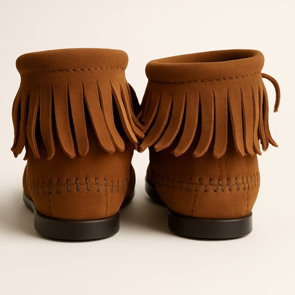 Minnetonka Chestnut Suede Fringe Moccasin Ankle Boots - Picture 2 of 8